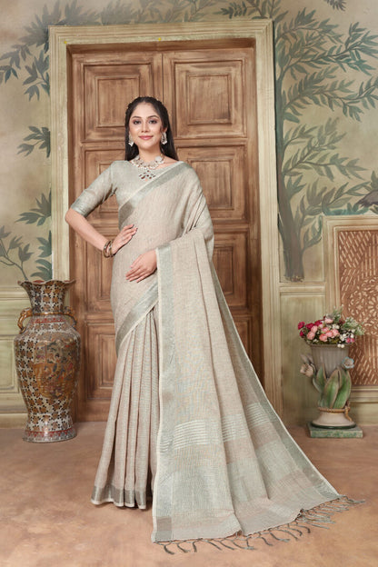 Dhiyona GR Women's Rangrez Spanish Grey Soft Linen Solid Woven Saree