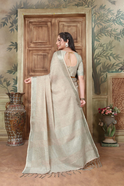 Dhiyona GR Women's Rangrez Spanish Grey Soft Linen Solid Woven Saree