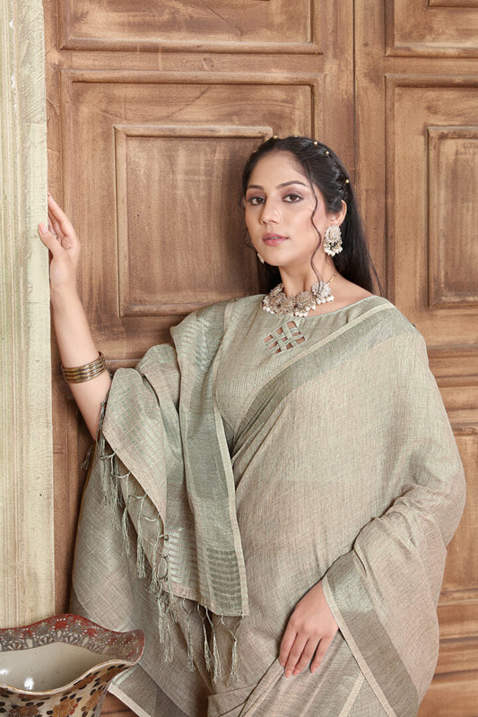 Dhiyona GR Women's Rangrez Spanish Grey Soft Linen Solid Woven Saree