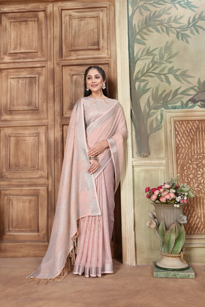 Dhiyona GR Women's Rangrez Misty Rose Pink Soft Linen Solid Woven Saree