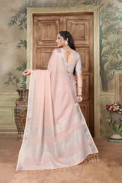 Dhiyona GR Women's Rangrez Misty Rose Pink Soft Linen Solid Woven Saree