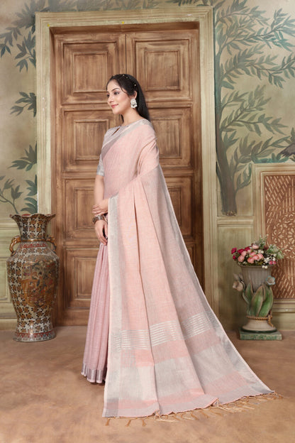 Dhiyona GR Women's Rangrez Misty Rose Pink Soft Linen Solid Woven Saree