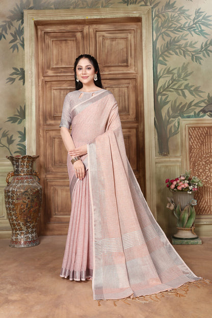 Dhiyona GR Women's Rangrez Misty Rose Pink Soft Linen Solid Woven Saree