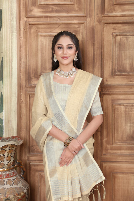 Dhiyona GR Women's Rangrez Parmesan Yellow Soft Linen Solid Woven Saree