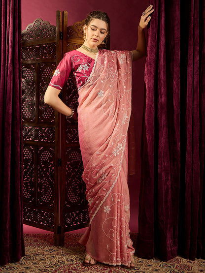 Women's Chiffon Peach Embroidered Designer Saree With Blouse Piece