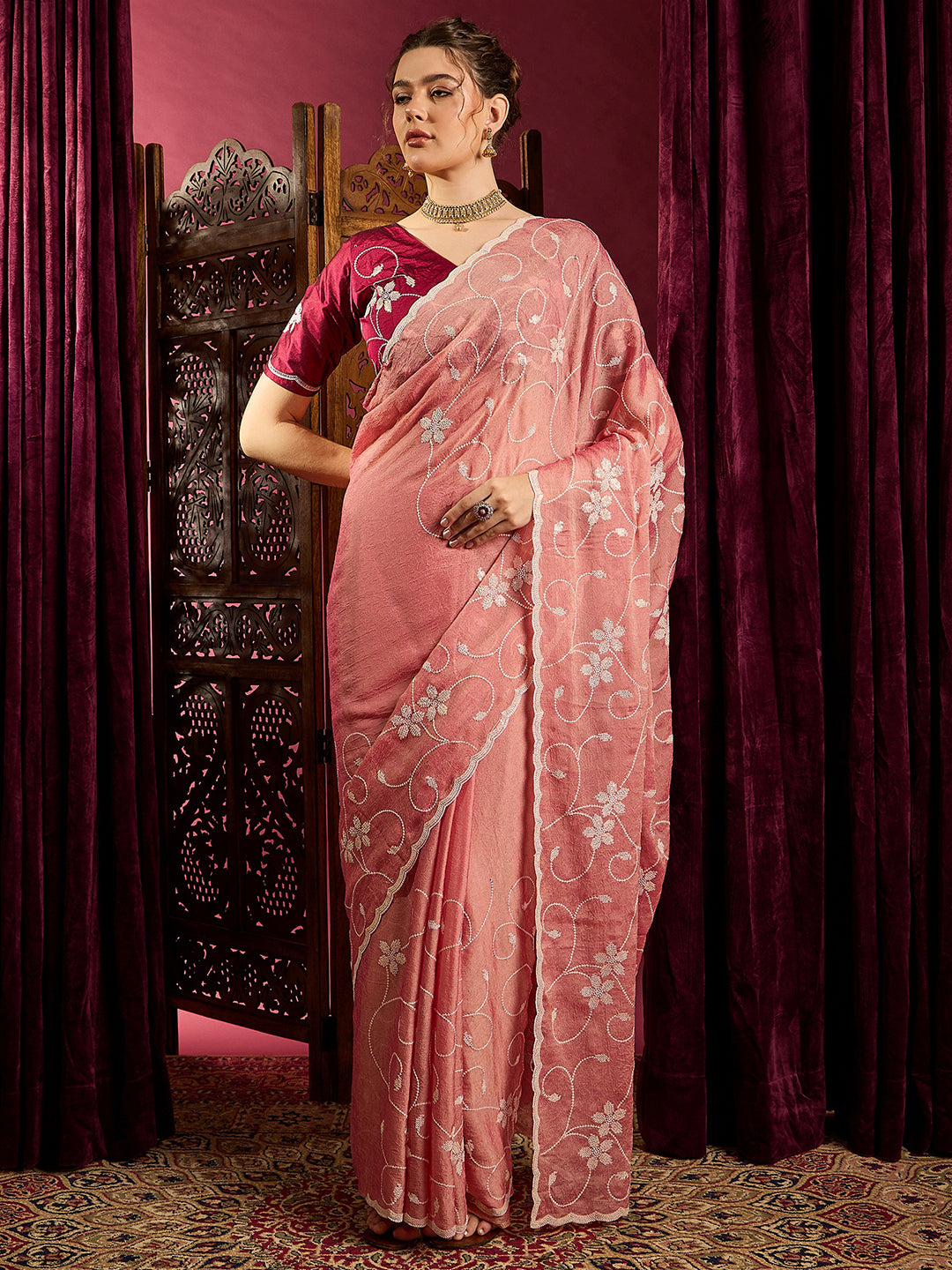 Women's Chiffon Peach Embroidered Designer Saree With Blouse Piece