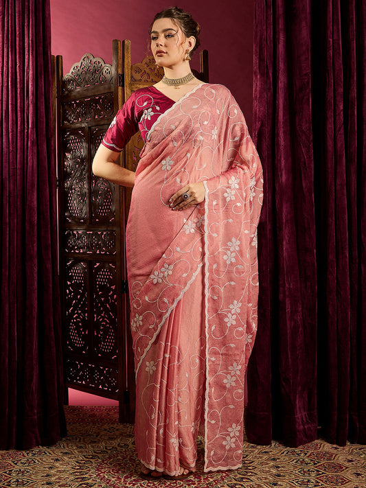 Women's Chiffon Peach Embroidered Designer Saree With Blouse Piece