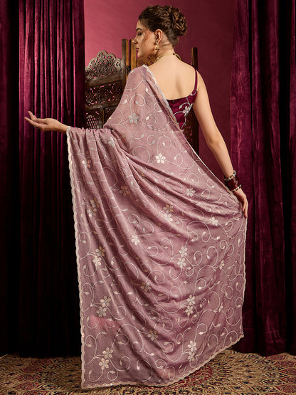 Women's Chiffon Lavendar Embroidered Designer Saree With Blouse Piece