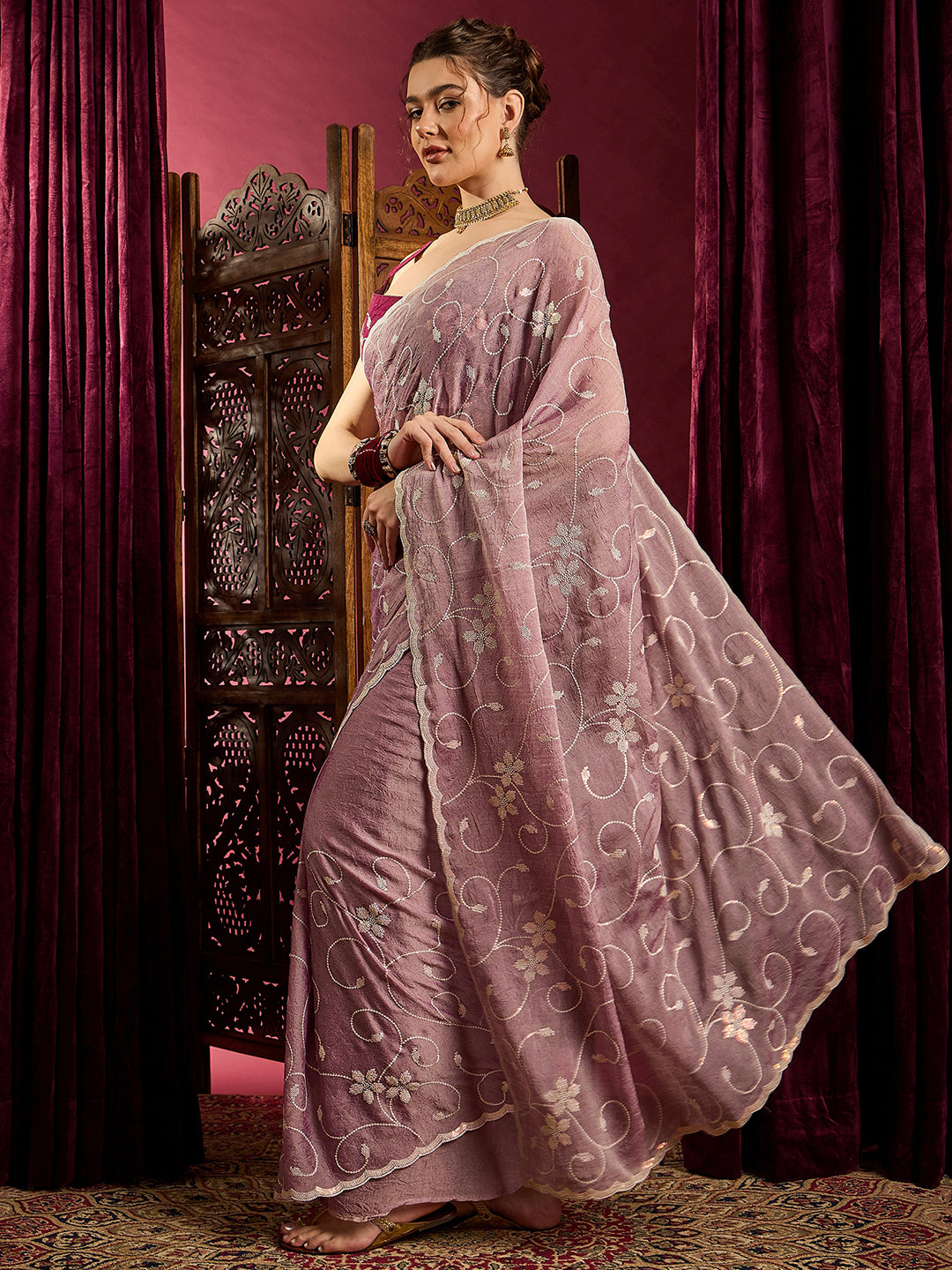 Women's Chiffon Lavendar Embroidered Designer Saree With Blouse Piece
