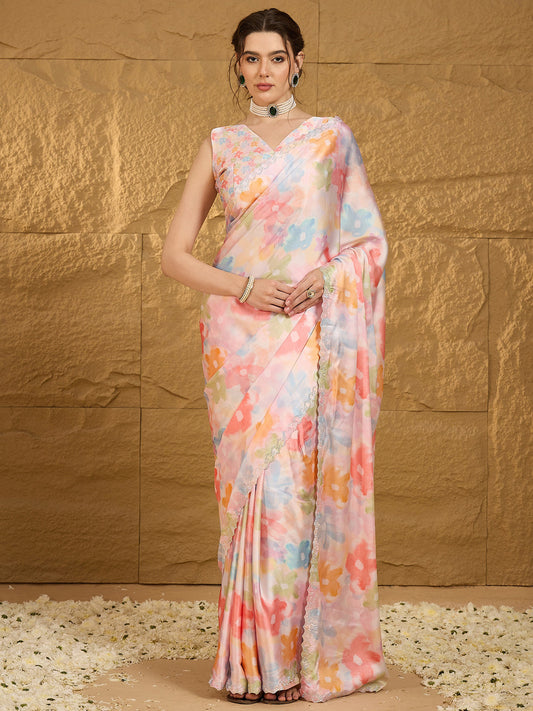 Women's Satin Silk Multicolored Embellished Designer Saree With Blouse Piece
