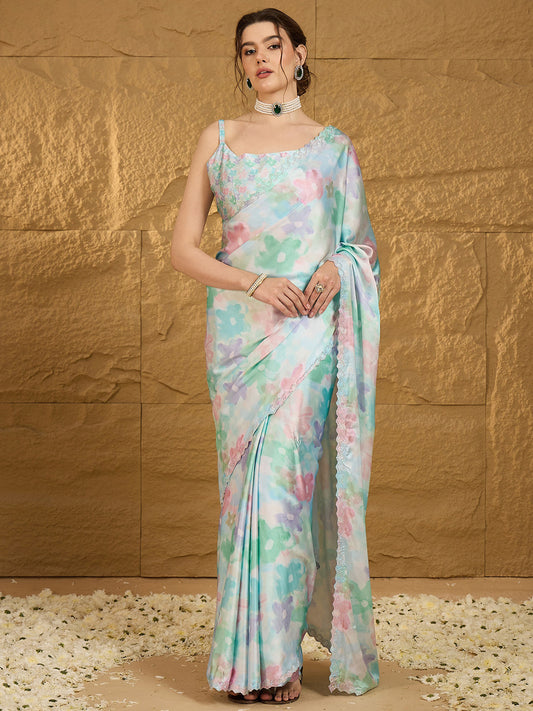 Women's Satin Silk Light Blue Embellished Designer Saree With Blouse Piece