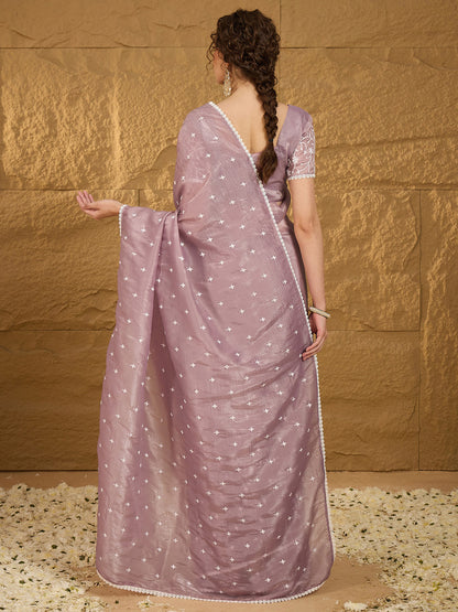 Women's Pure Chiffon Lavendar Embellished Designer Saree With Blouse Piece