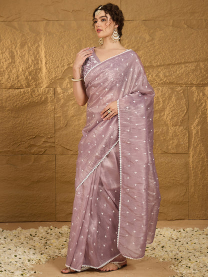 Women's Pure Chiffon Lavendar Embellished Designer Saree With Blouse Piece
