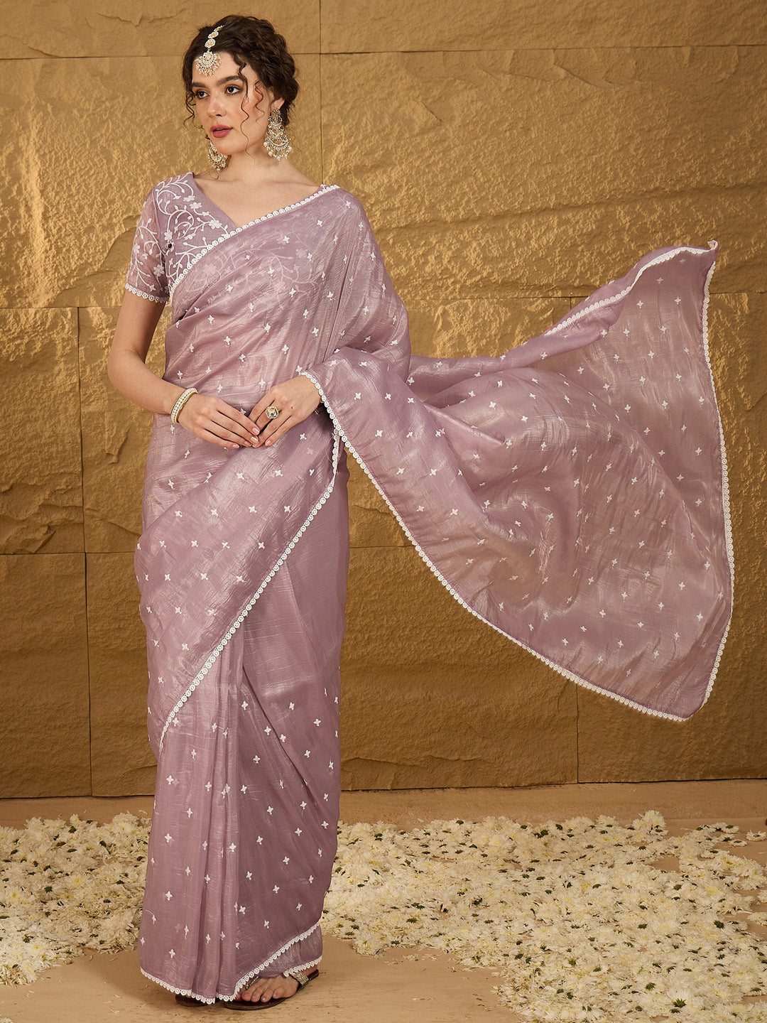 Women's Pure Chiffon Lavendar Embellished Designer Saree With Blouse Piece