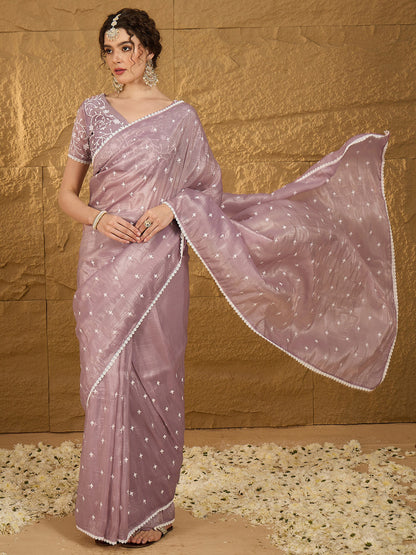 Women's Pure Chiffon Lavendar Embellished Designer Saree With Blouse Piece