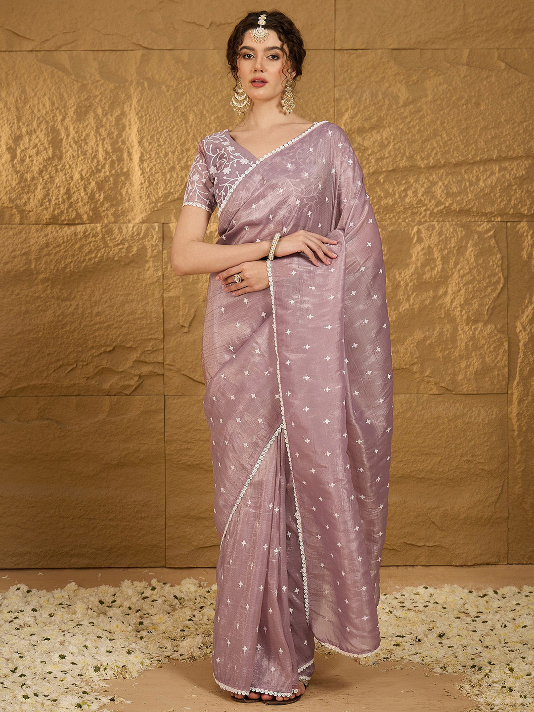 Women's Pure Chiffon Lavendar Embellished Designer Saree With Blouse Piece