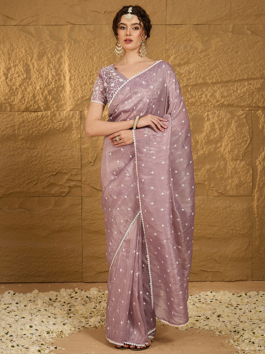 Women's Pure Chiffon Lavendar Embellished Designer Saree With Blouse Piece