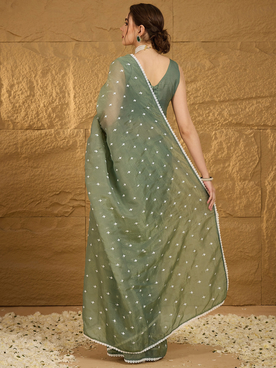 Women's Pure Chiffon Sea Green Embellished Designer Saree With Blouse Piece