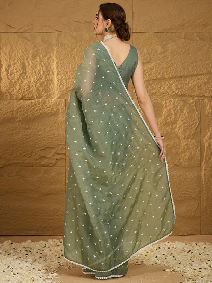 Women's Pure Chiffon Sea Green Embellished Designer Saree With Blouse Piece
