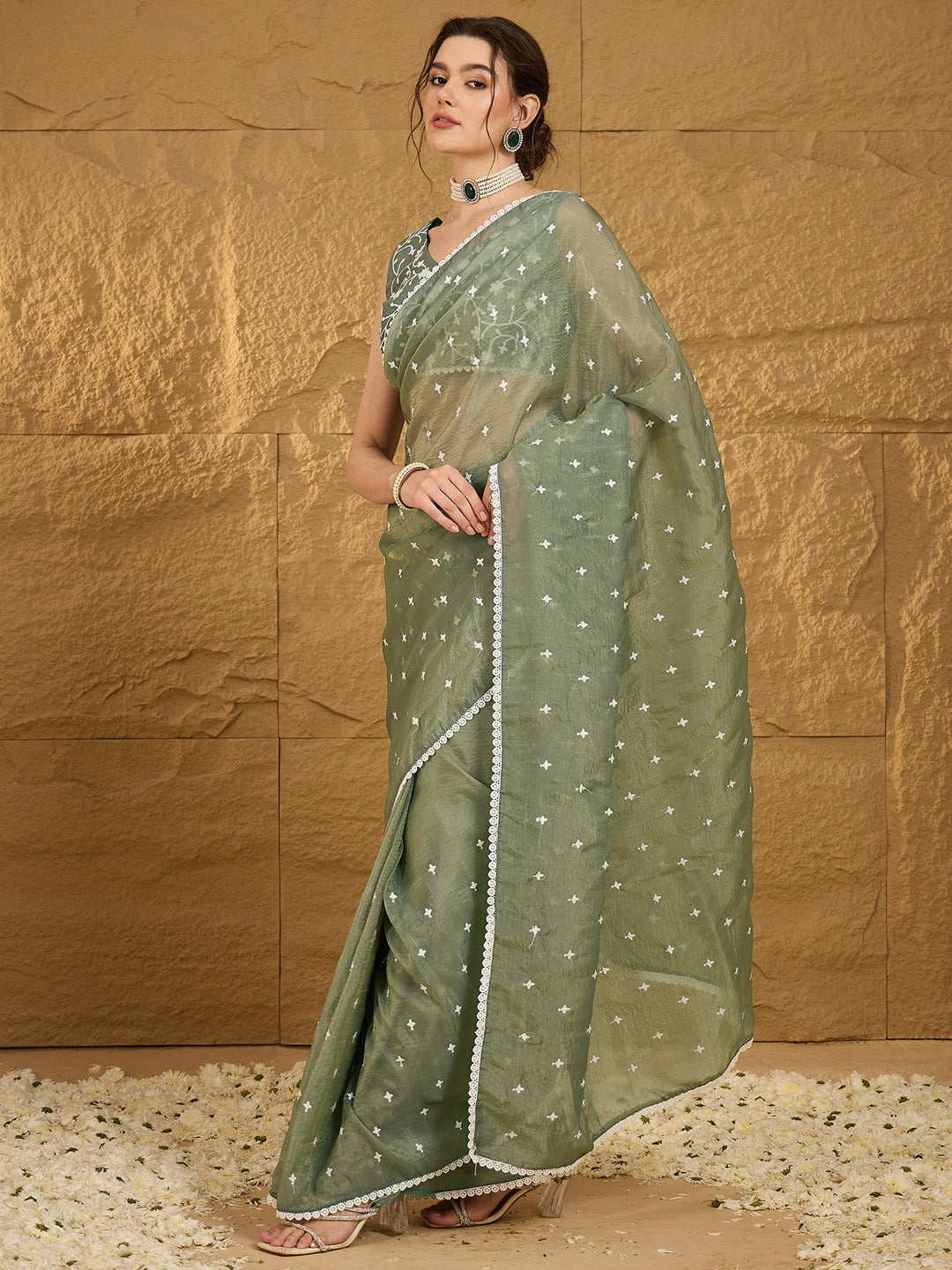 Women's Pure Chiffon Sea Green Embellished Designer Saree With Blouse Piece