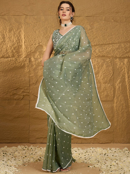 Women's Pure Chiffon Sea Green Embellished Designer Saree With Blouse Piece