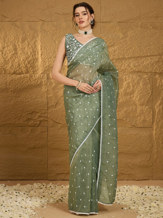 Women's Pure Chiffon Sea Green Embellished Designer Saree With Blouse Piece
