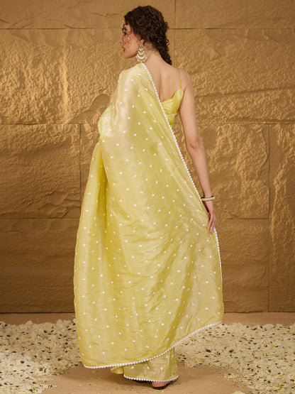 Women's Pure Chiffon Yellow Embellished Designer Saree With Blouse Piece