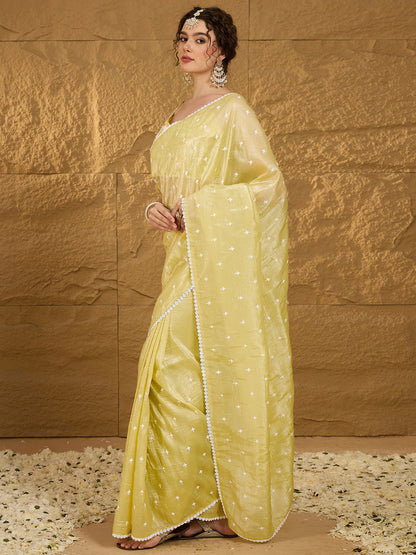 Women's Pure Chiffon Yellow Embellished Designer Saree With Blouse Piece