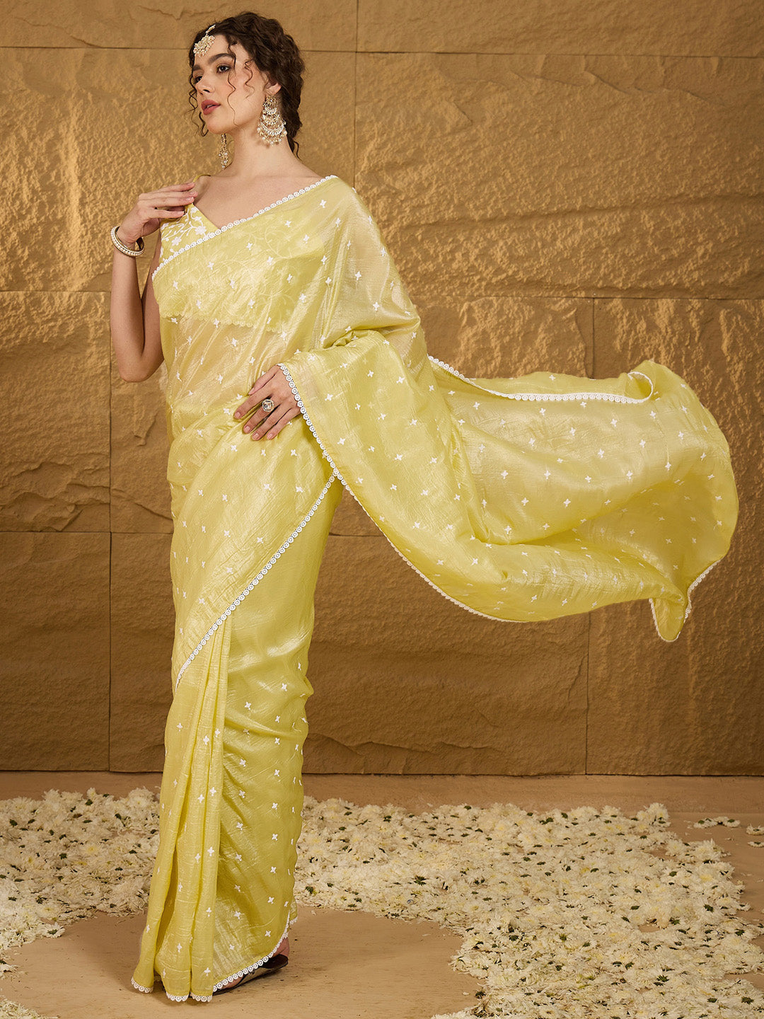 Women's Pure Chiffon Yellow Embellished Designer Saree With Blouse Piece