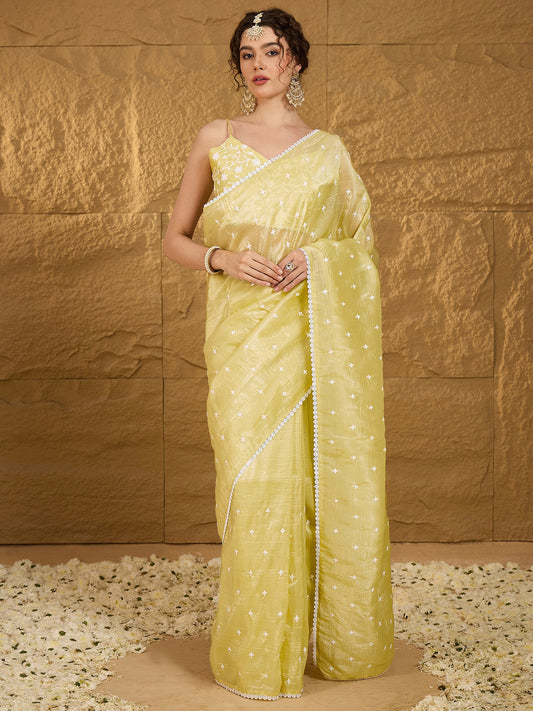 Women's Pure Chiffon Yellow Embellished Designer Saree With Blouse Piece