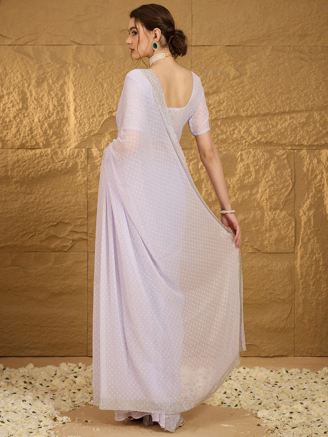 Women's Chiffon Lavendar Embellished Designer Saree With Blouse Piece