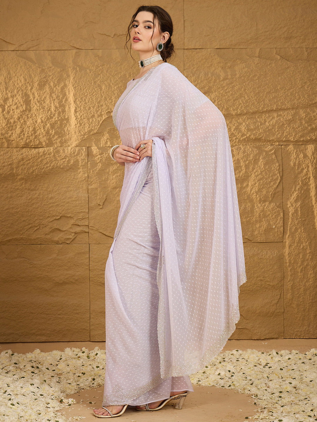 Women's Chiffon Lavendar Embellished Designer Saree With Blouse Piece