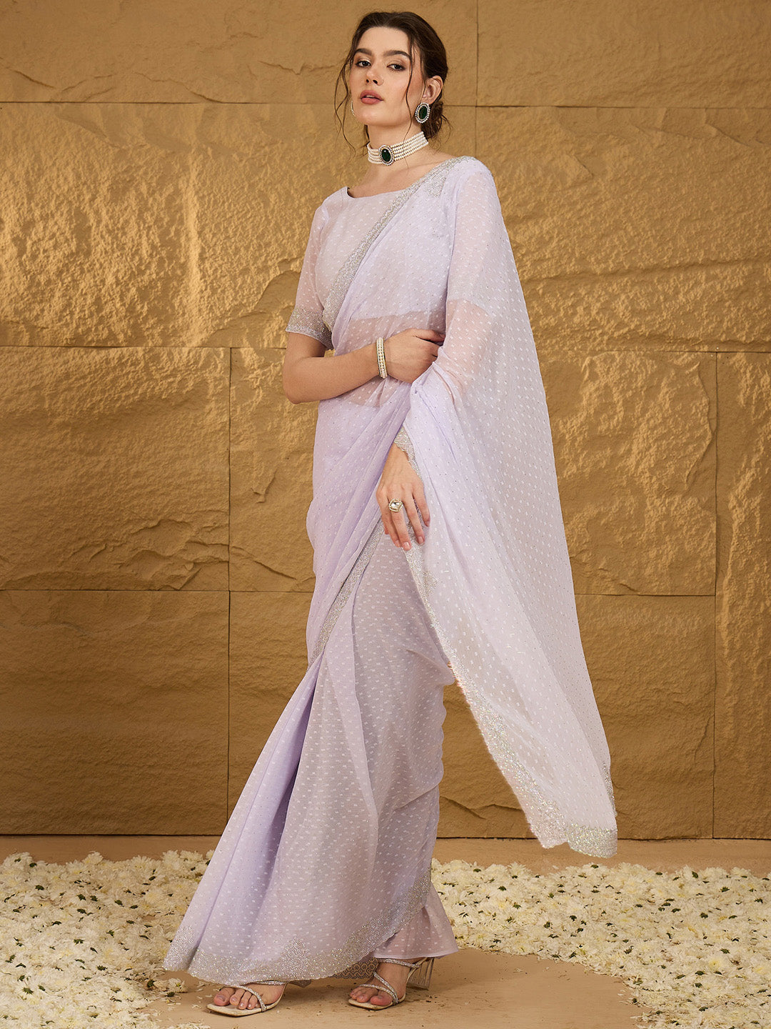 Women's Chiffon Lavendar Embellished Designer Saree With Blouse Piece