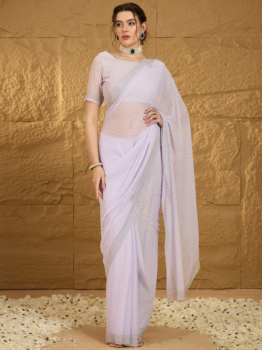 Women's Chiffon Lavendar Embellished Designer Saree With Blouse Piece