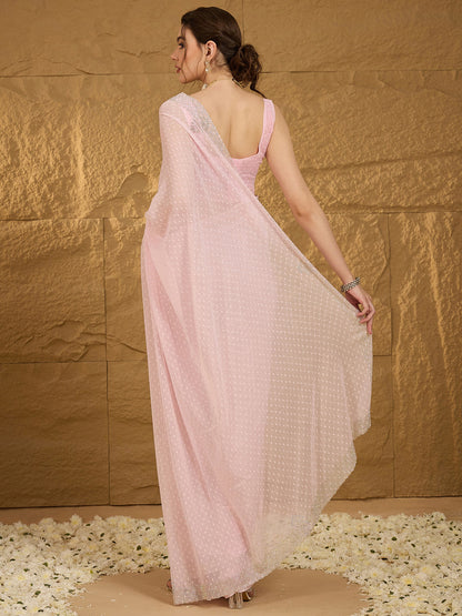Women's Chiffon Pink Embellished Designer Saree With Blouse Piece
