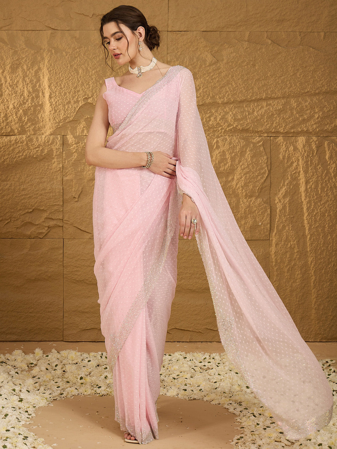 Women's Chiffon Pink Embellished Designer Saree With Blouse Piece