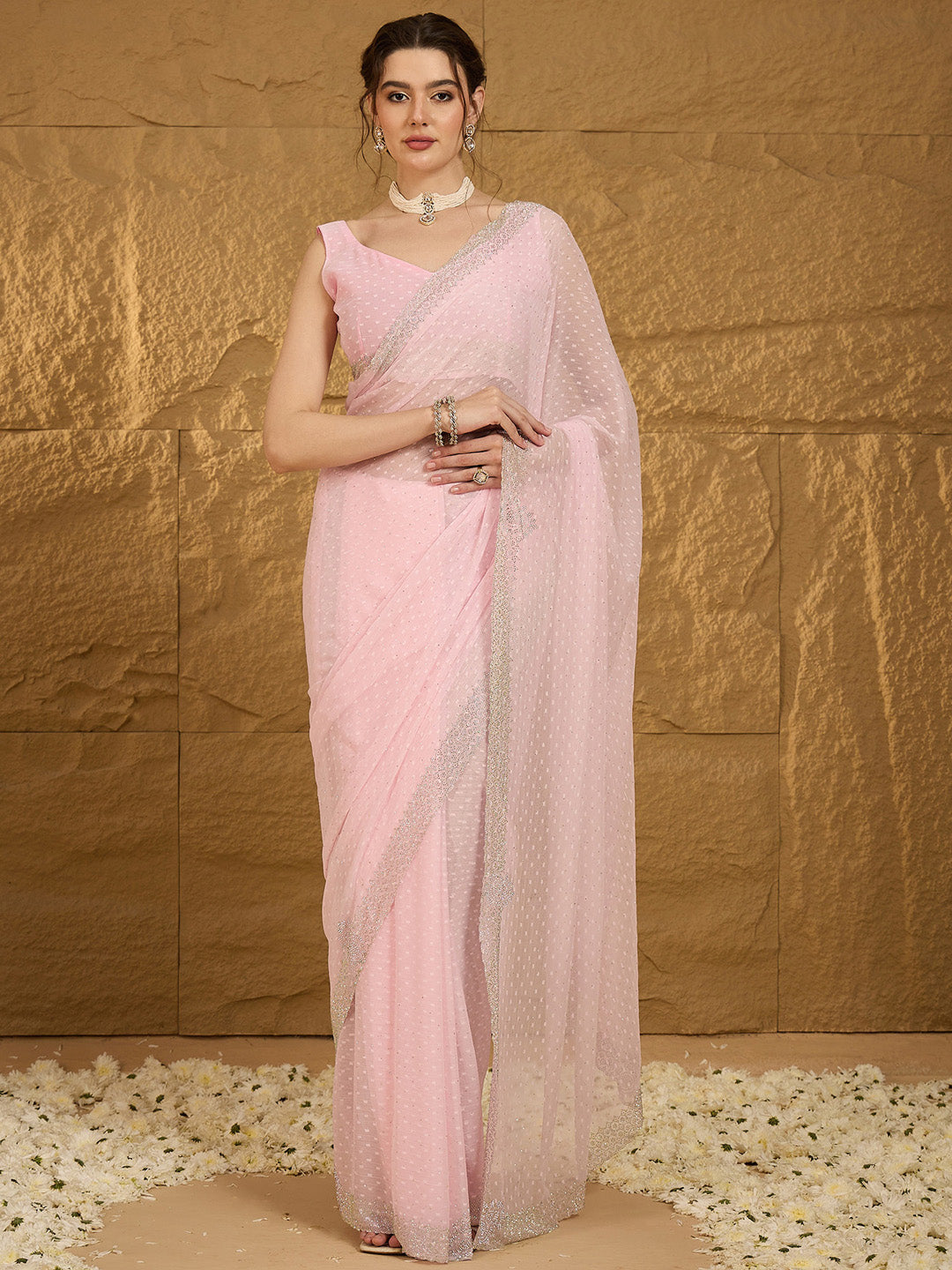 Women's Chiffon Pink Embellished Designer Saree With Blouse Piece