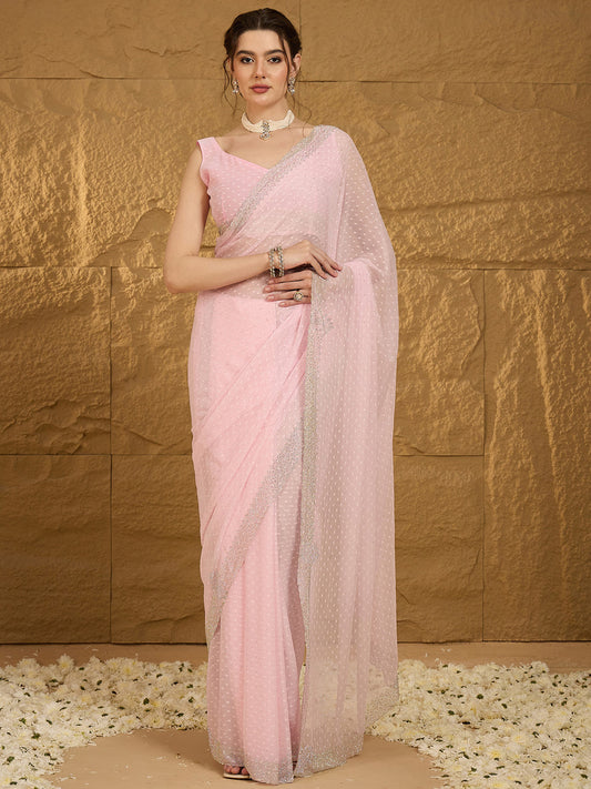 Women's Chiffon Pink Embellished Designer Saree With Blouse Piece