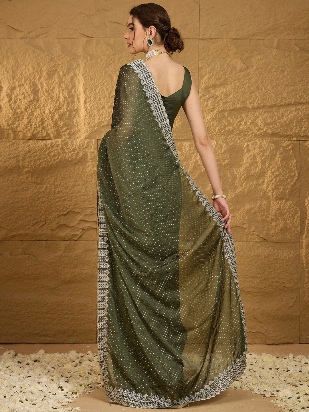 Women's Chiffon Olive Embroidered Designer Saree With Blouse Piece