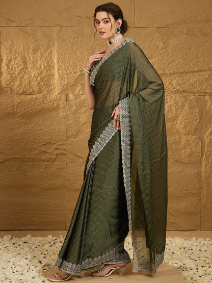 Women's Chiffon Olive Embroidered Designer Saree With Blouse Piece