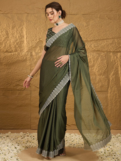 Women's Chiffon Olive Embroidered Designer Saree With Blouse Piece