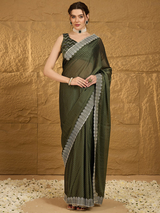 Women's Chiffon Olive Embroidered Designer Saree With Blouse Piece