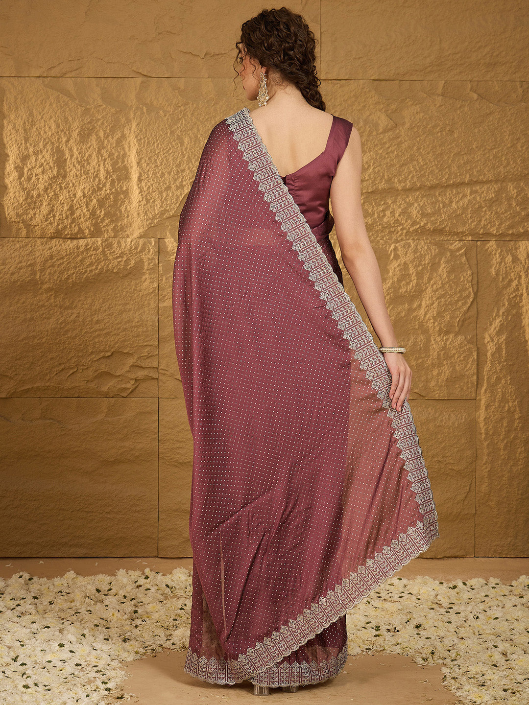 Women's Chiffon Burgundy Embroidered Designer Saree With Blouse Piece