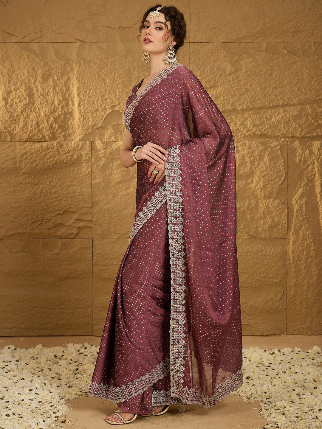 Women's Chiffon Burgundy Embroidered Designer Saree With Blouse Piece