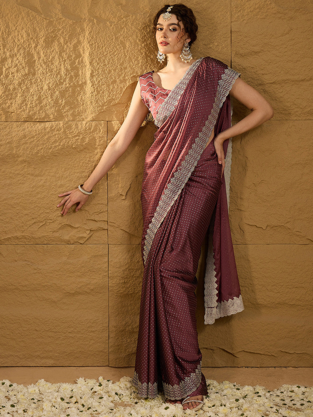 Women's Chiffon Burgundy Embroidered Designer Saree With Blouse Piece