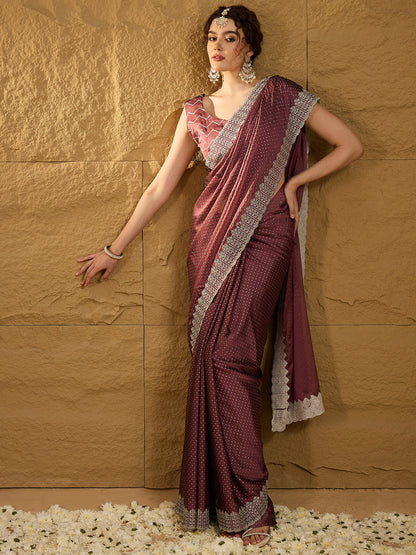 Women's Chiffon Burgundy Embroidered Designer Saree With Blouse Piece
