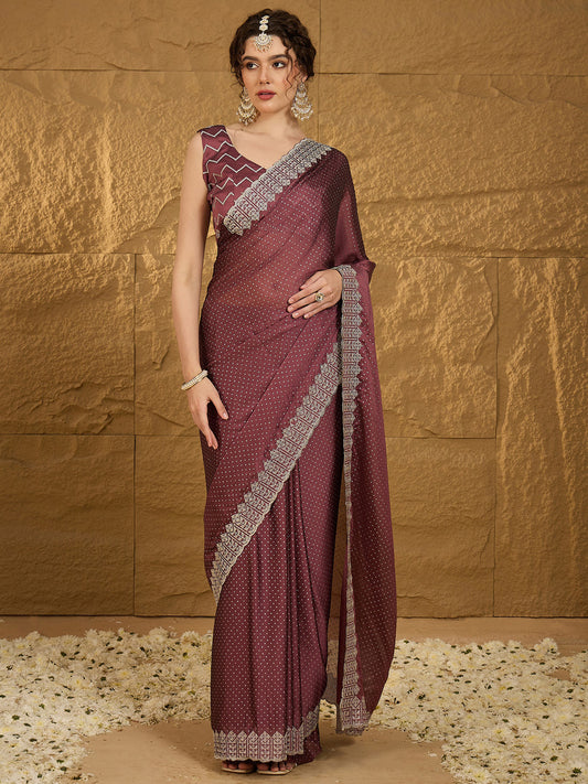 Women's Chiffon Burgundy Embroidered Designer Saree With Blouse Piece