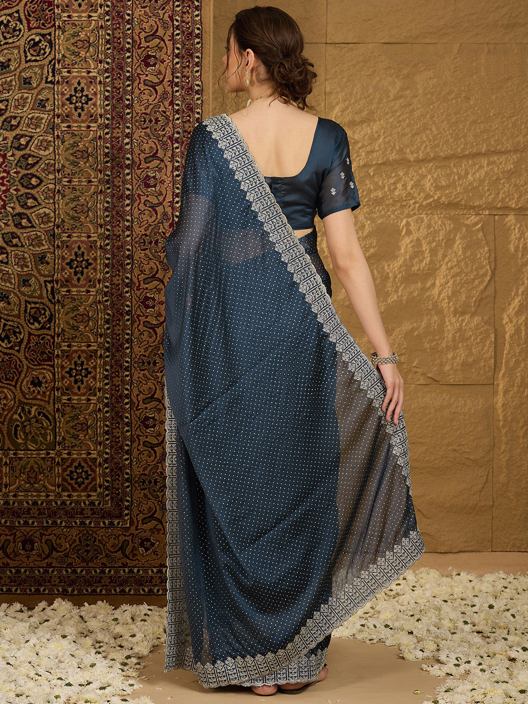 Women's Chiffon Navy Blue Embroidered Designer Saree With Blouse Piece