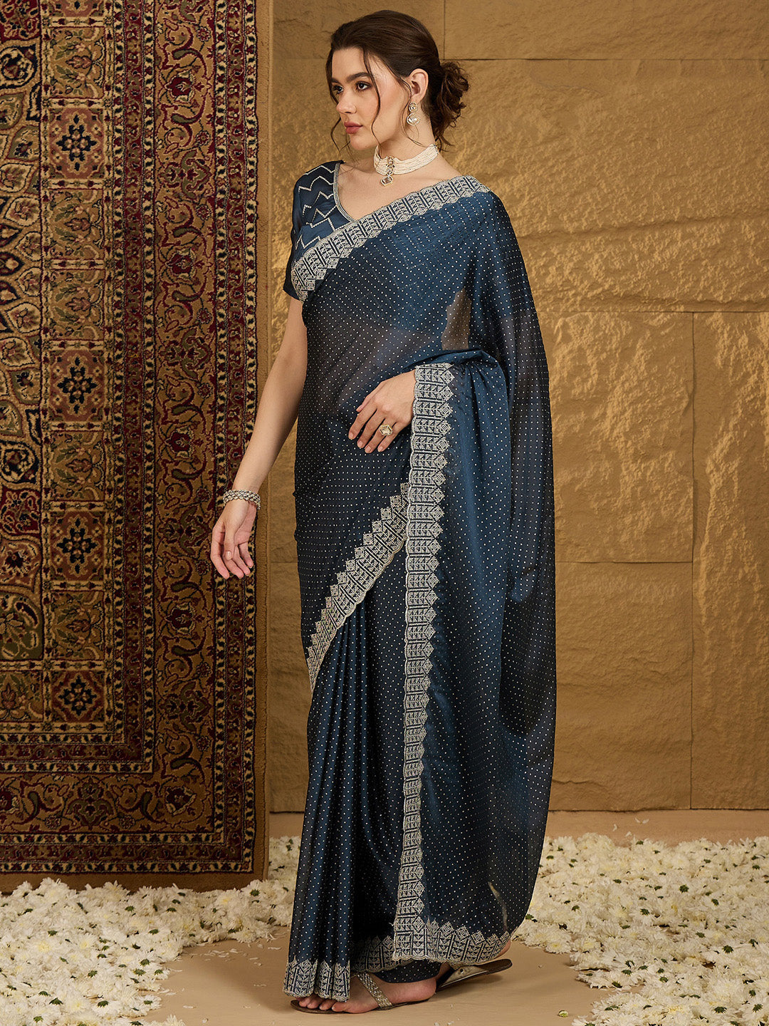 Women's Chiffon Navy Blue Embroidered Designer Saree With Blouse Piece