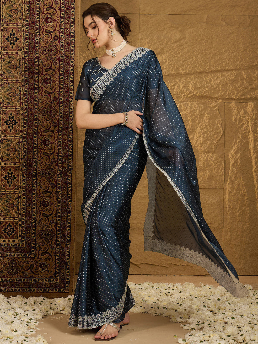Women's Chiffon Navy Blue Embroidered Designer Saree With Blouse Piece
